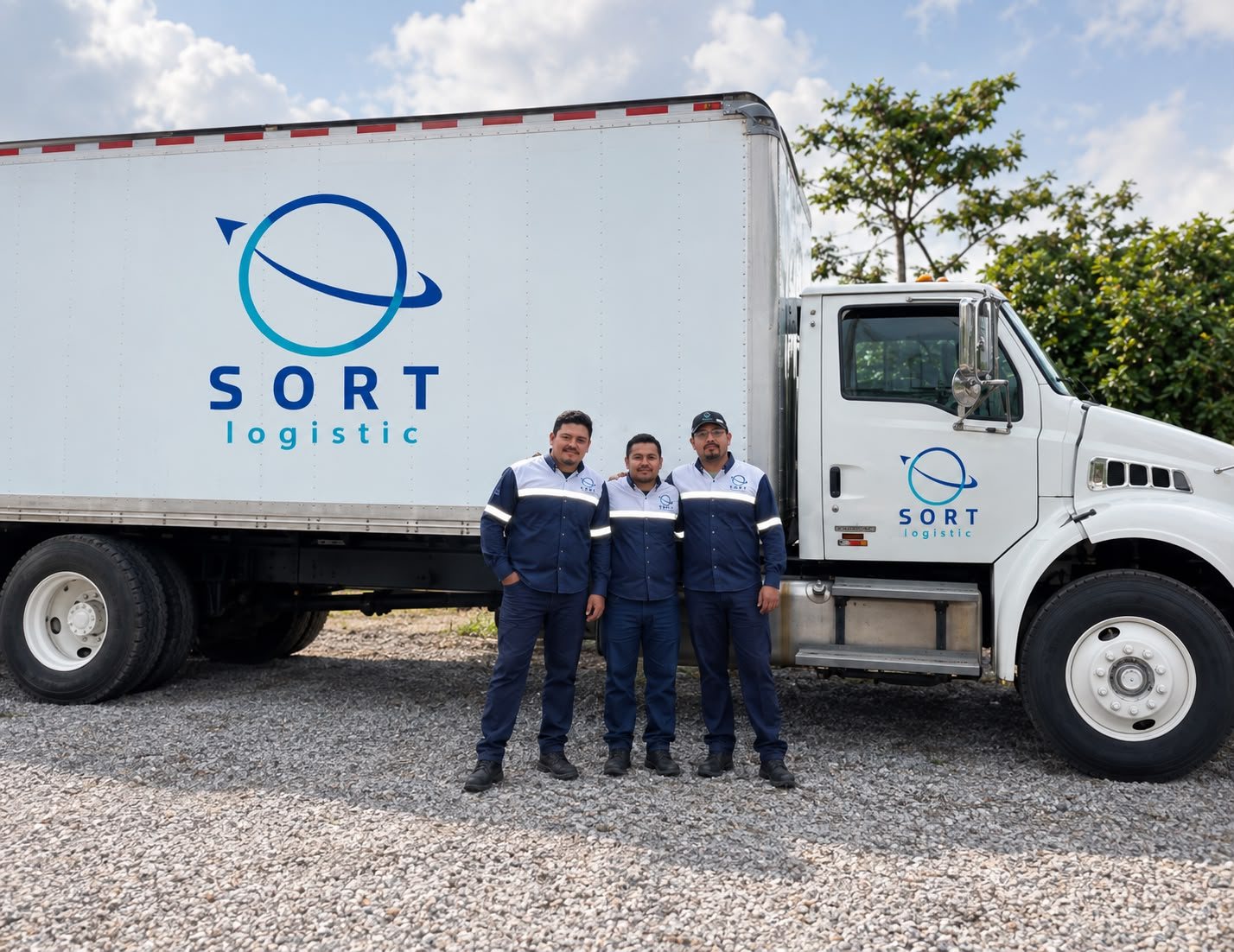 Equipo de Sort Logistic uniformado frente a un furgón rotulado con el logo de la empresa